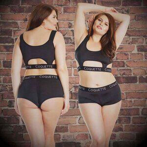 Microfiber Logo Bra Set Womens Plus Size OSXL Black Bralette and Boyshort Panty
